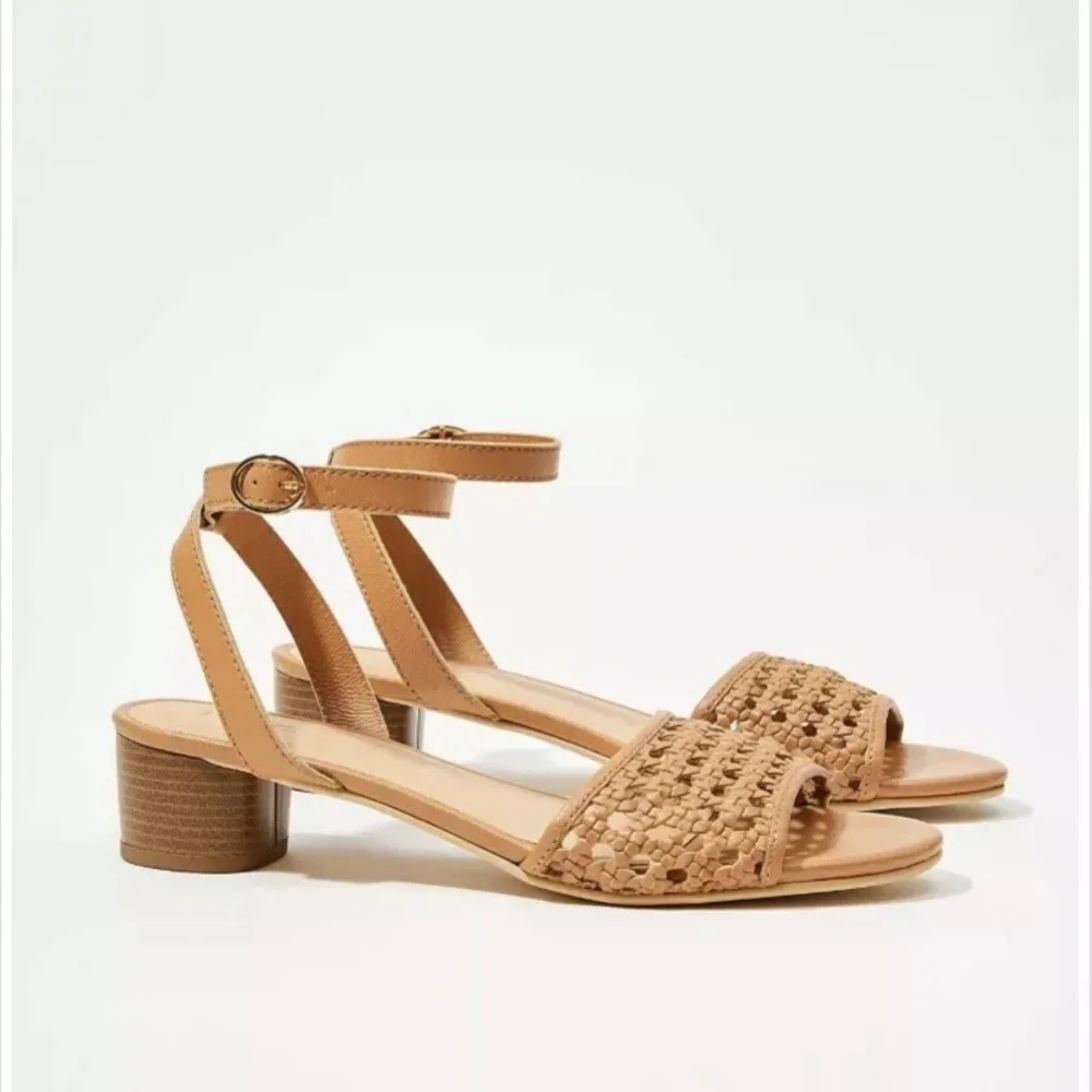 LOFT Tan Woven Ankle-Strap Block Heel Sandals - Picture 1 of 9